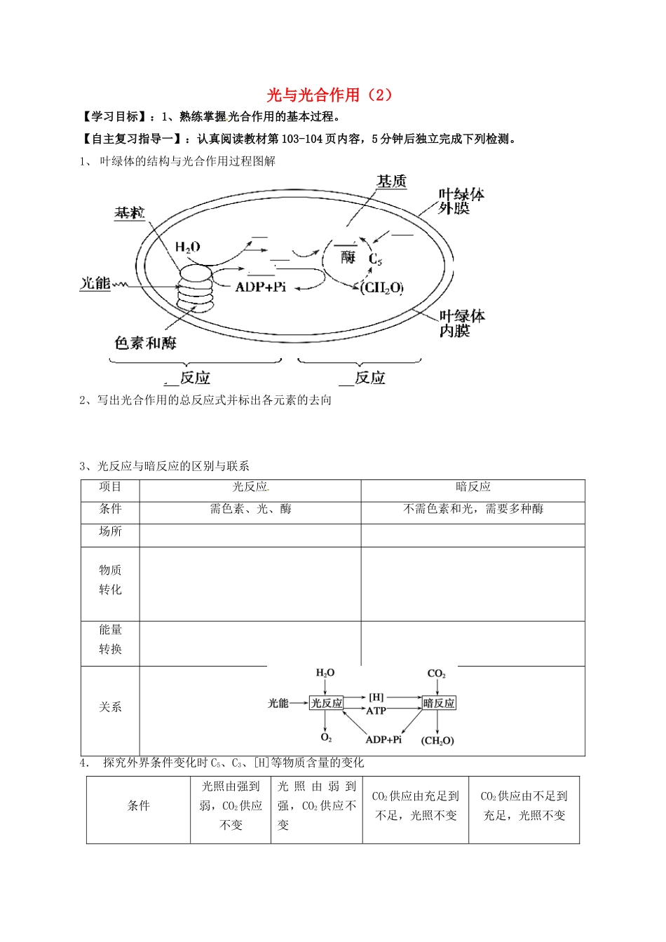 高三生物 光合作用复习学案2-人教版高三全册生物学案_第1页