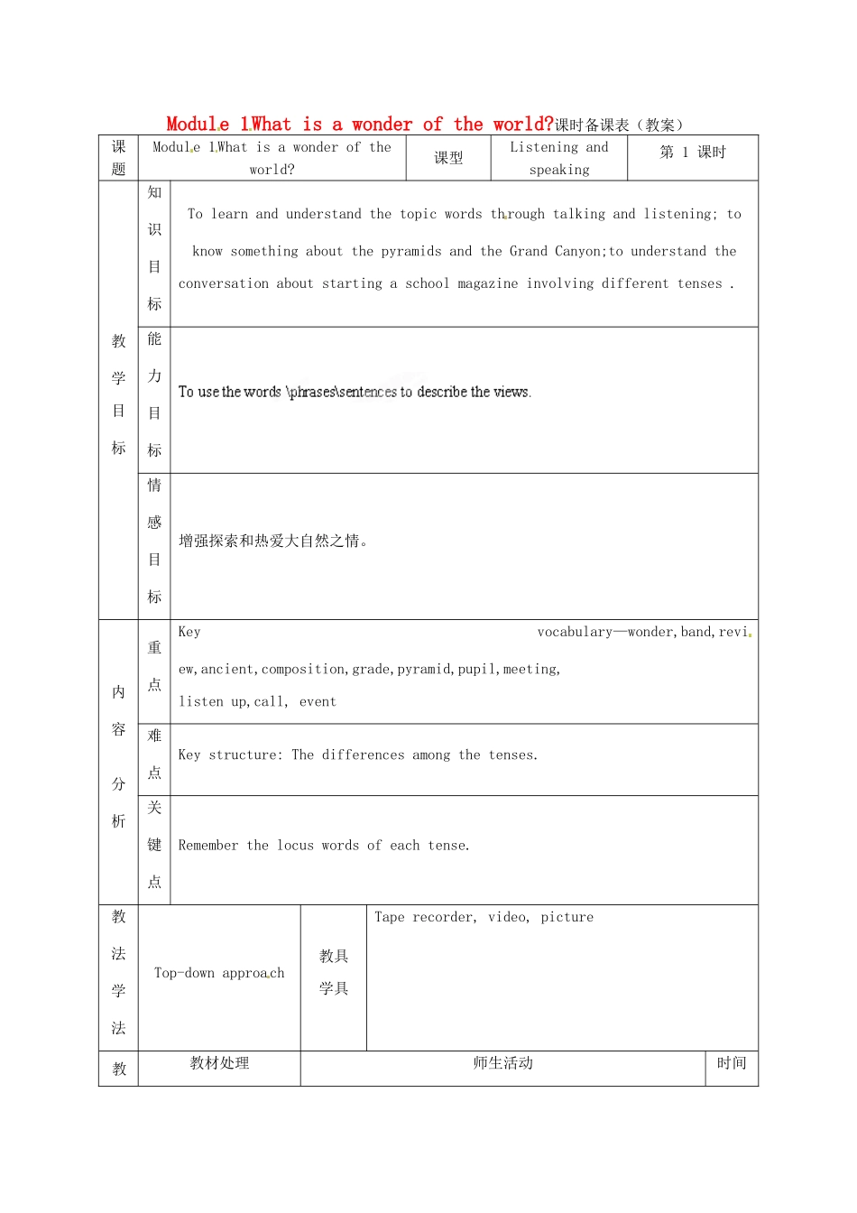 天津市武清区杨村第五中学九年级英语上册《Module 1 Wonders of the world Unit 1 What is a wonder of the world》教案 外研版_第1页