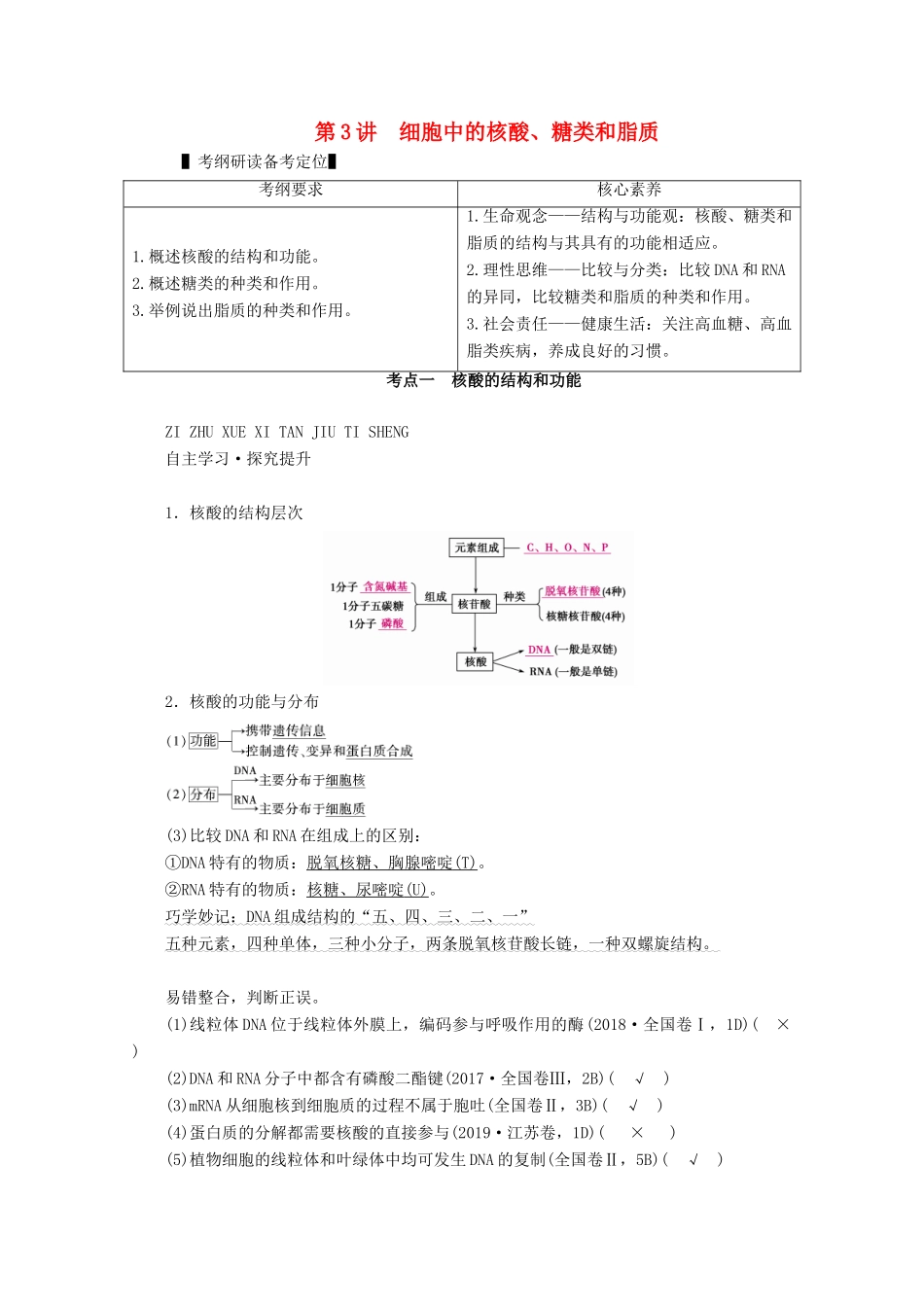 （新高考）高考生物一轮复习 必修部分 模块1 分子与细胞 第1单元 细胞的分子组成 第3讲 细胞中的核酸、糖类和脂质学案 新人教版-新人教版高三必修生物学案_第1页