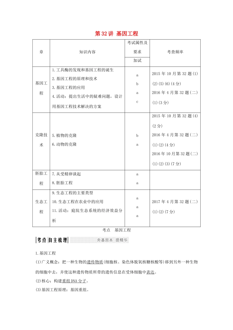 （浙江专版）高考生物一轮复习 第32讲 基因工程学案-人教版高三全册生物学案_第1页
