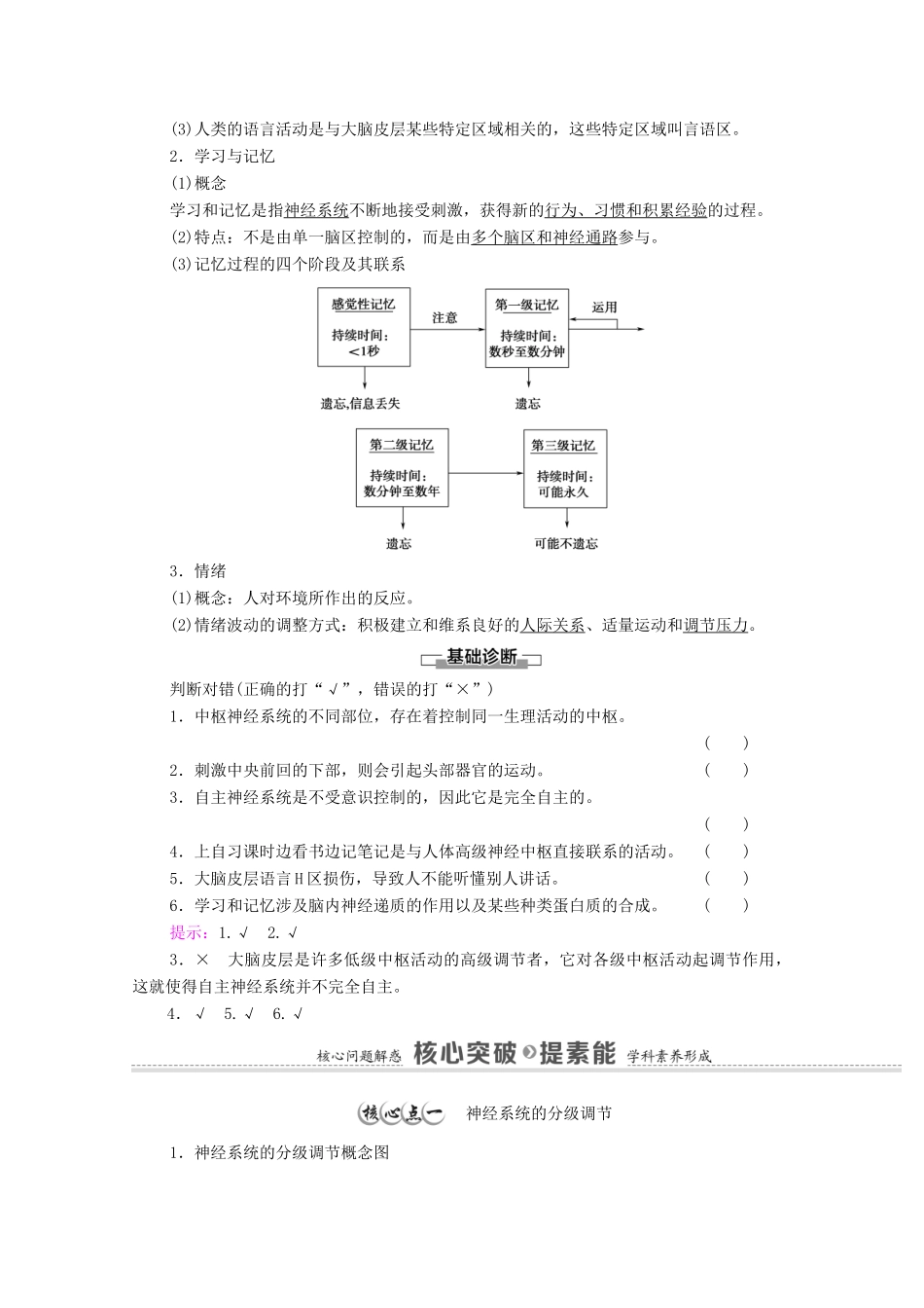 高中生物 第2章 神经调节 第4节 神经系统的分级调节 第5节 人脑的高级功能学案 新人教版选择性必修1-新人教版高中选择性必修1生物学案_第2页