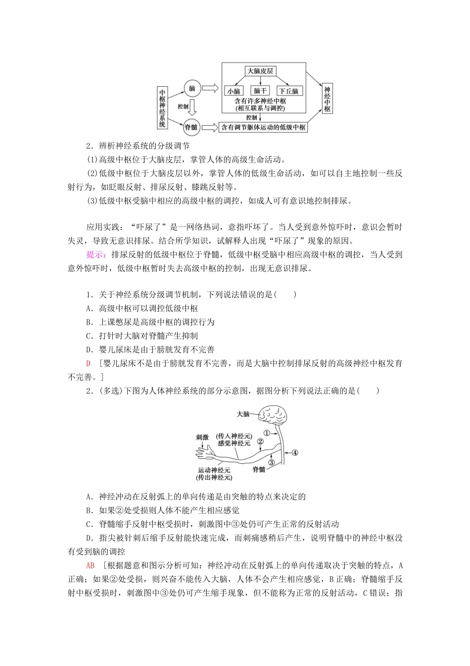 高中生物 第2章 神经调节 第4节 神经系统的分级调节 第5节 人脑的高级功能学案 新人教版选择性必修1-新人教版高中选择性必修1生物学案_第3页