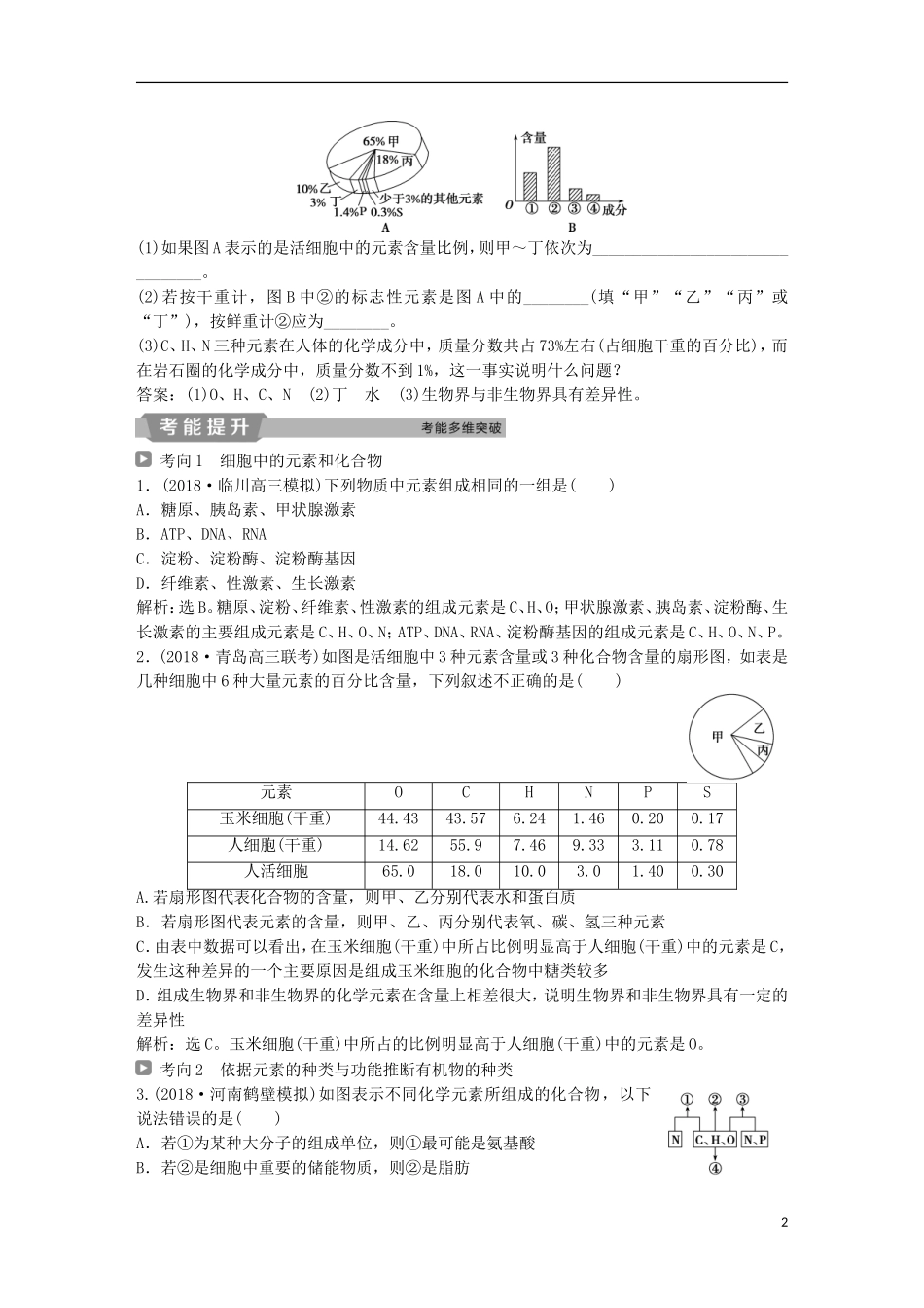 高考生物一轮复习 第一单元 细胞的分子组成 第2讲 细胞中的元素和化合物 细胞中的无机物学案-人教版高三全册生物学案_第2页