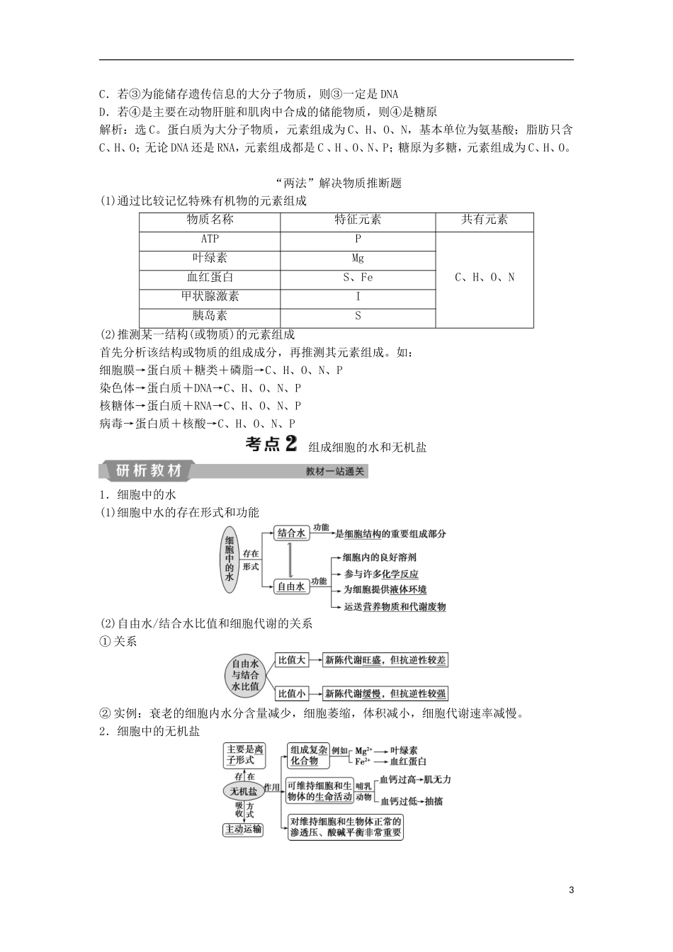 高考生物一轮复习 第一单元 细胞的分子组成 第2讲 细胞中的元素和化合物 细胞中的无机物学案-人教版高三全册生物学案_第3页