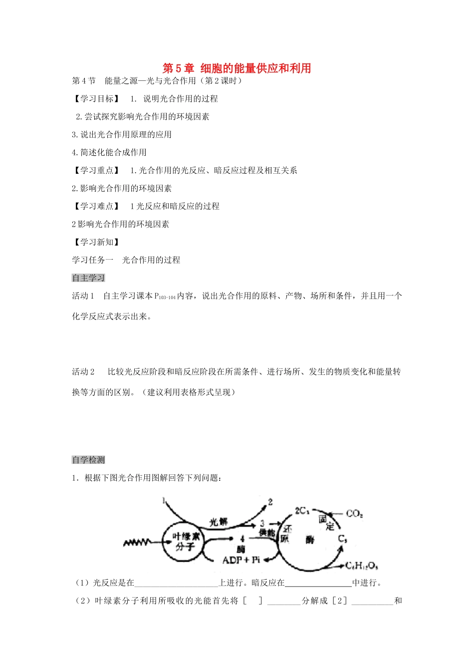 高中生物 5.4 能量之源—光与光合作用导学案2 新人教版必修1-新人教版高一必修1生物学案_第1页