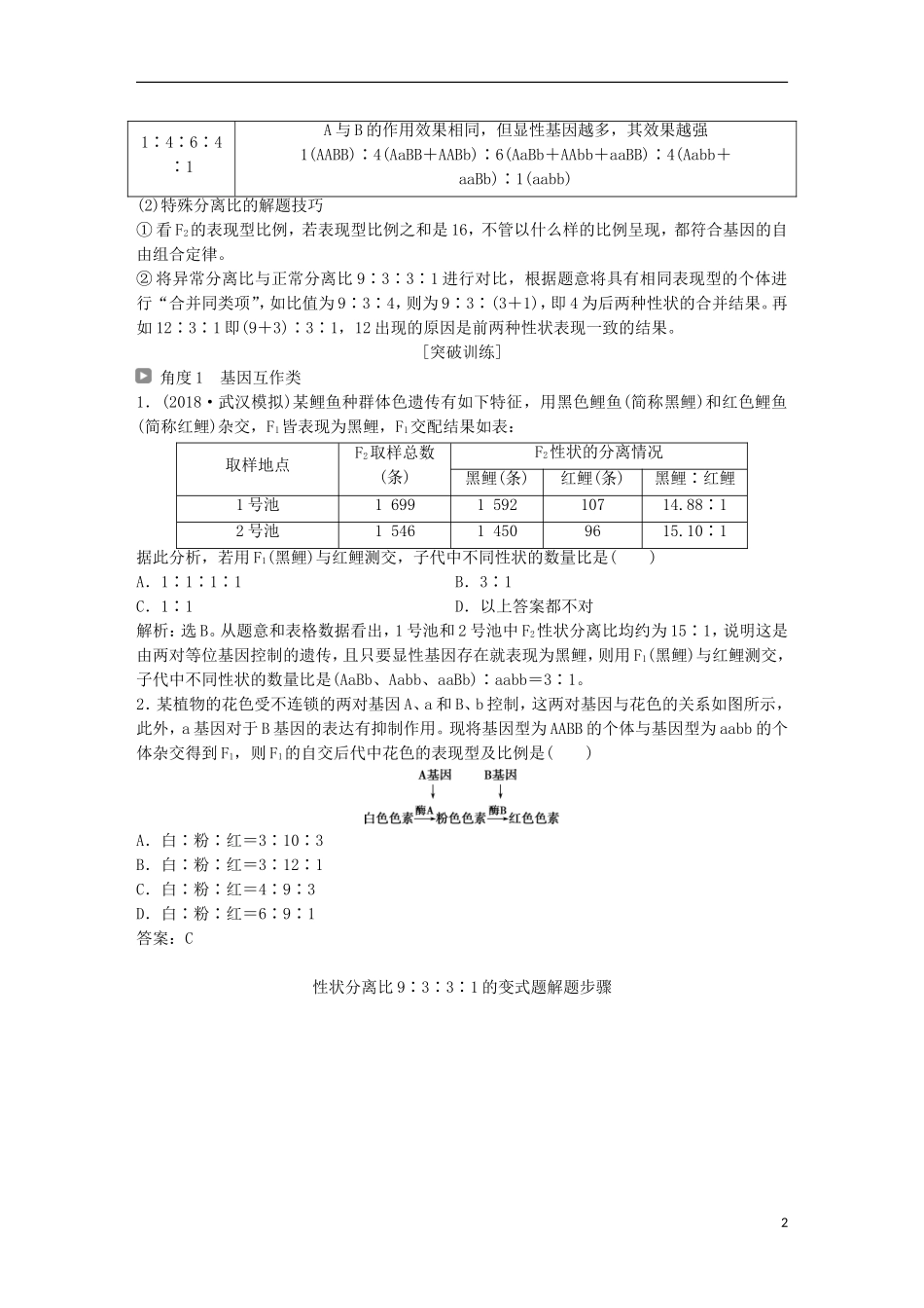 高考生物一轮复习 第五单元 遗传的基本规律与伴性遗传 加强提升课（三）基因自由组合定律的拓展题型突破学案-人教版高三全册生物学案_第2页