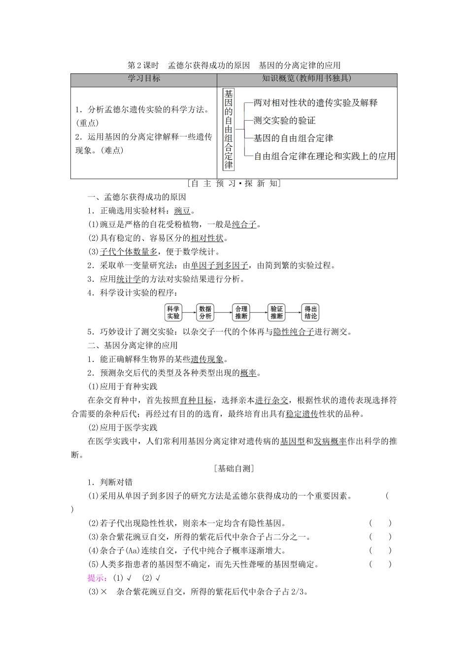 高中生物 第3章 遗传和染色体 第1节 基因的分离定律 第2课时 孟德尔获得成功的原因 基因的分离定律的应用学案 苏教版必修2-苏教版高一必修2生物学案_第1页