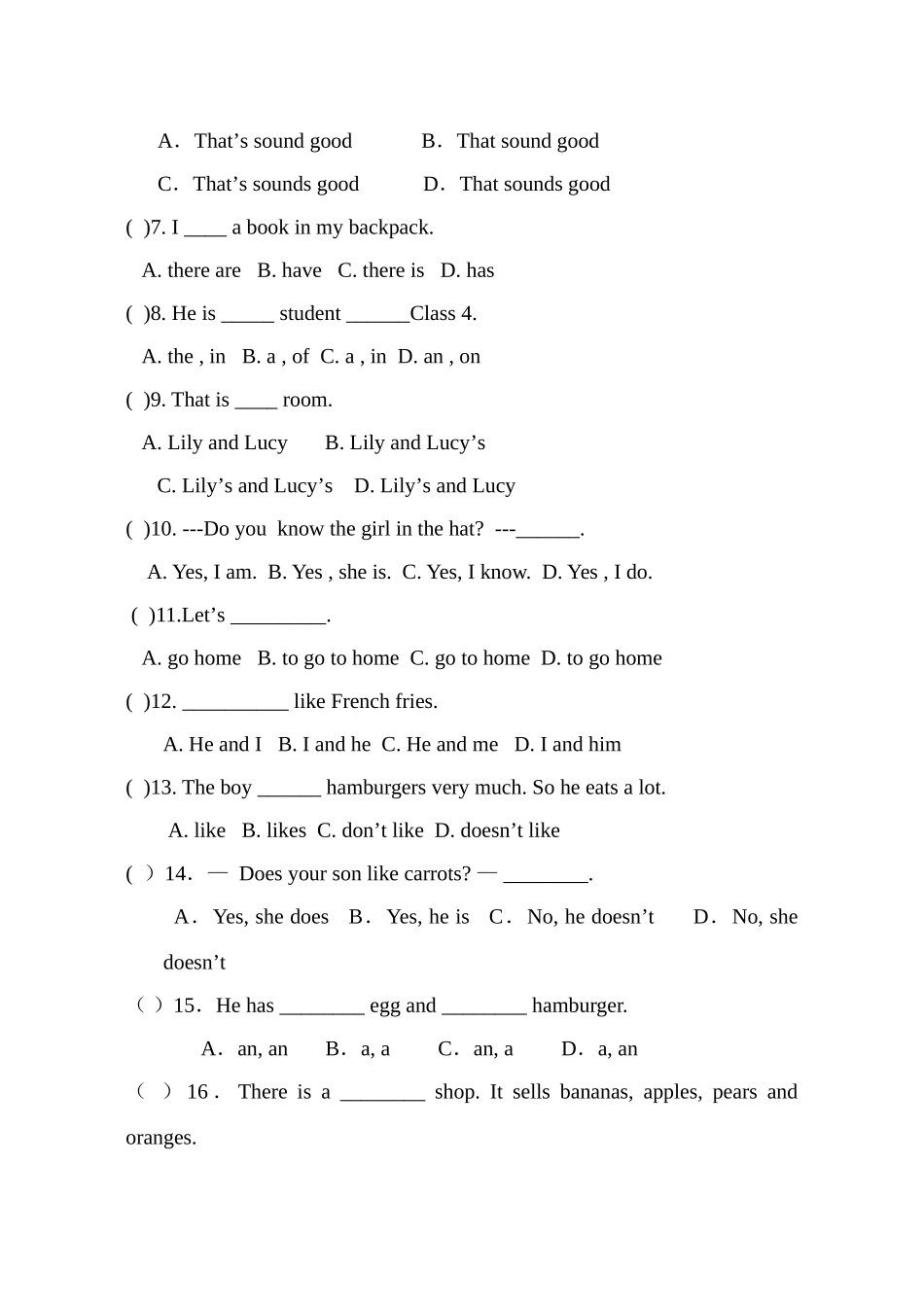 Unit 6 Do you like bananas试题(无答案)_第3页