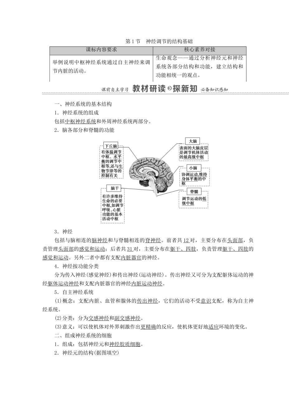 高中生物 第2章 神经调节 第1节 神经调节的结构基础学案 新人教版选择性必修1-新人教版高中选择性必修1生物学案_第1页