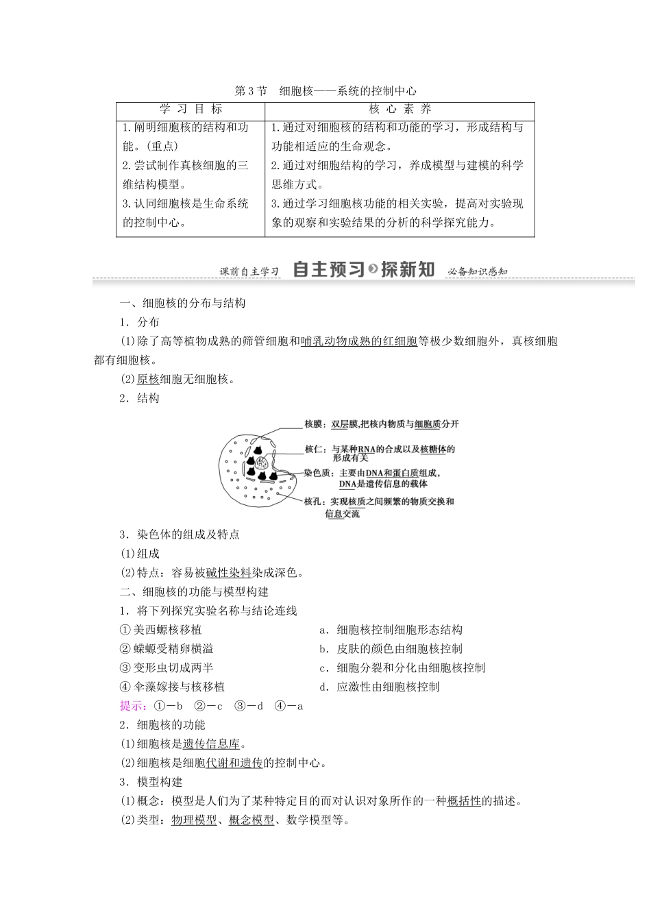 高中生物 第3章 细胞的基本结构 第3节 细胞核——系统的控制中心学案 新人教版必修1-新人教版高一必修1生物学案_第1页