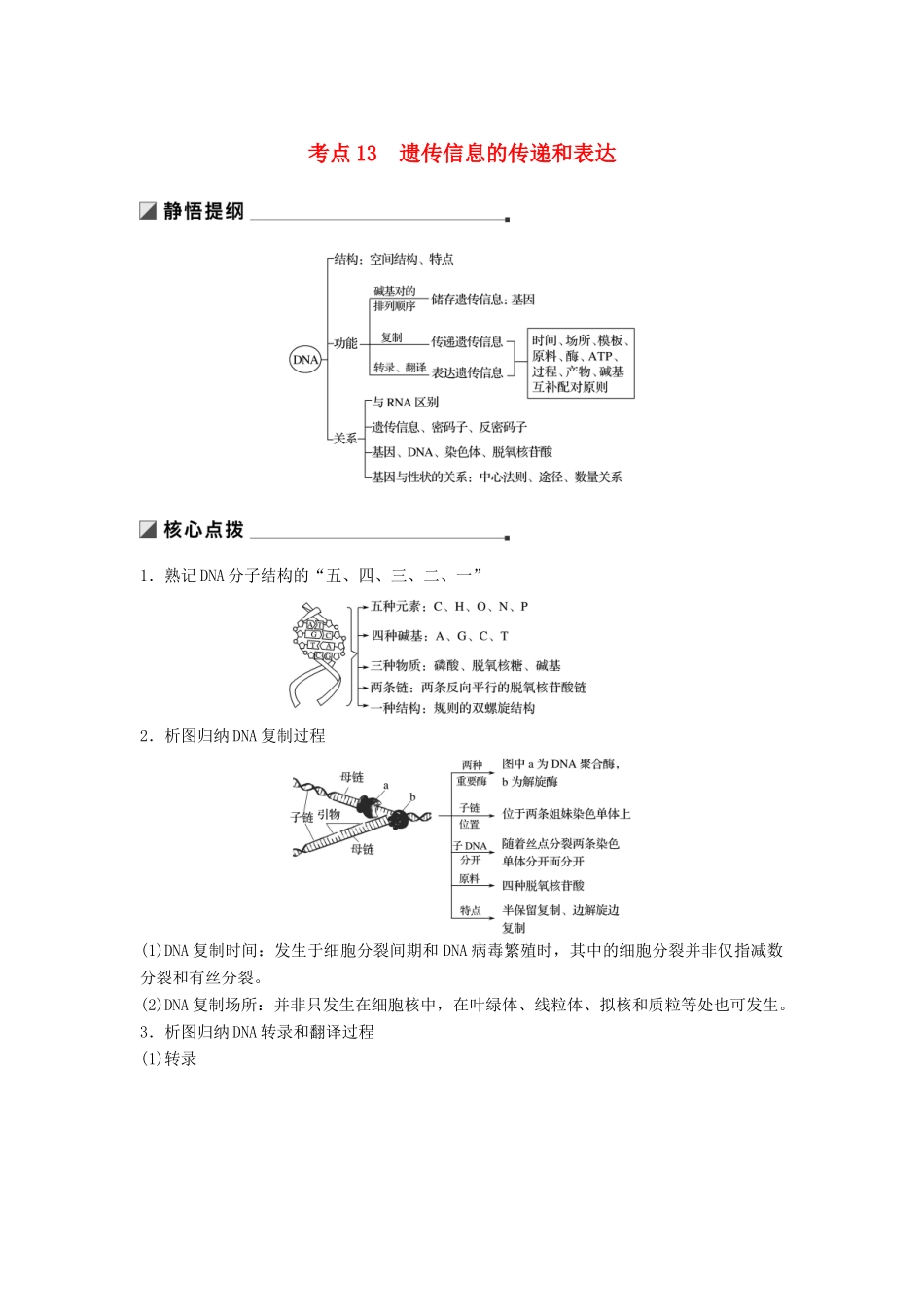 （江苏专用）高考生物二轮复习 专题四 遗传的分子基础 考点13 遗传信息的传递和表达学案-人教版高三全册生物学案_第1页