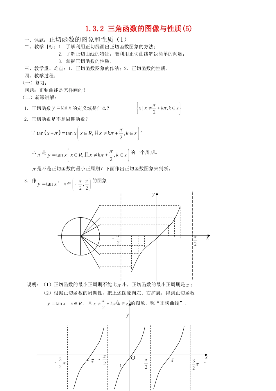高三数学第1章 三角函数三角函数的图像与性质（5）—正切函数的图象和性质（1）教案苏教版必修4_第1页