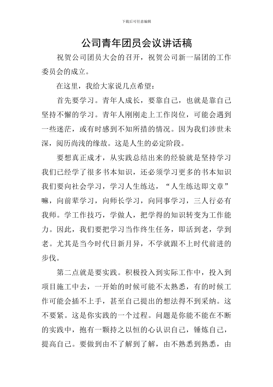 公司青年团员会议讲话稿_第1页