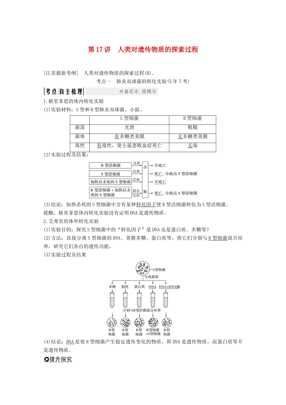 （江苏专用）高考生物大一轮复习 第6单元 遗传的分子基础 第17讲 人类对遗传物质的探索过程学案-人教版高三全册生物学案_第1页