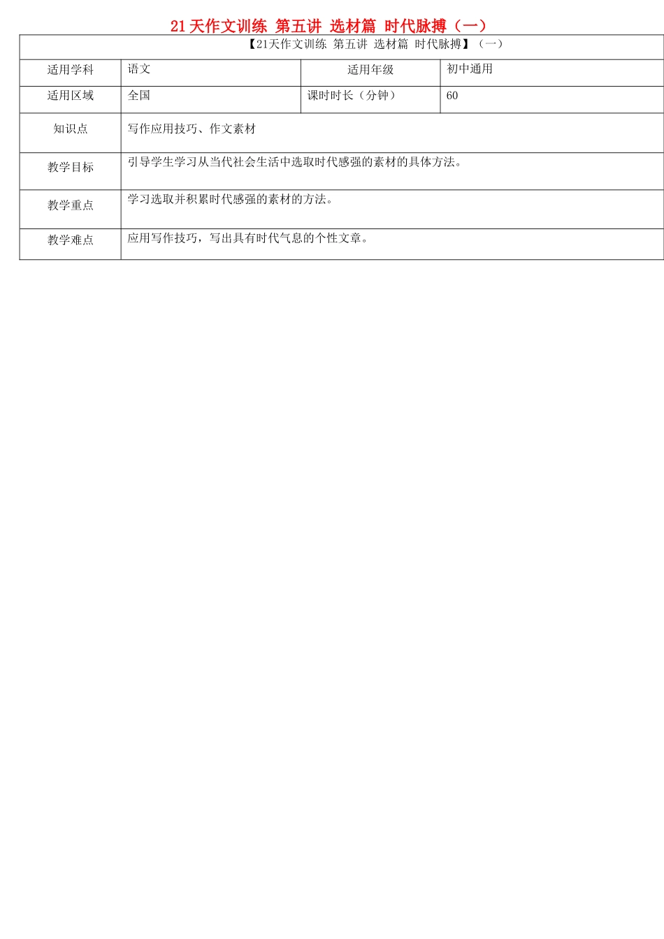 中考语文专题复习 21天作文训练 第五讲 选材篇 时代脉搏（一）教案-人教版初中九年级全册语文教案_第1页