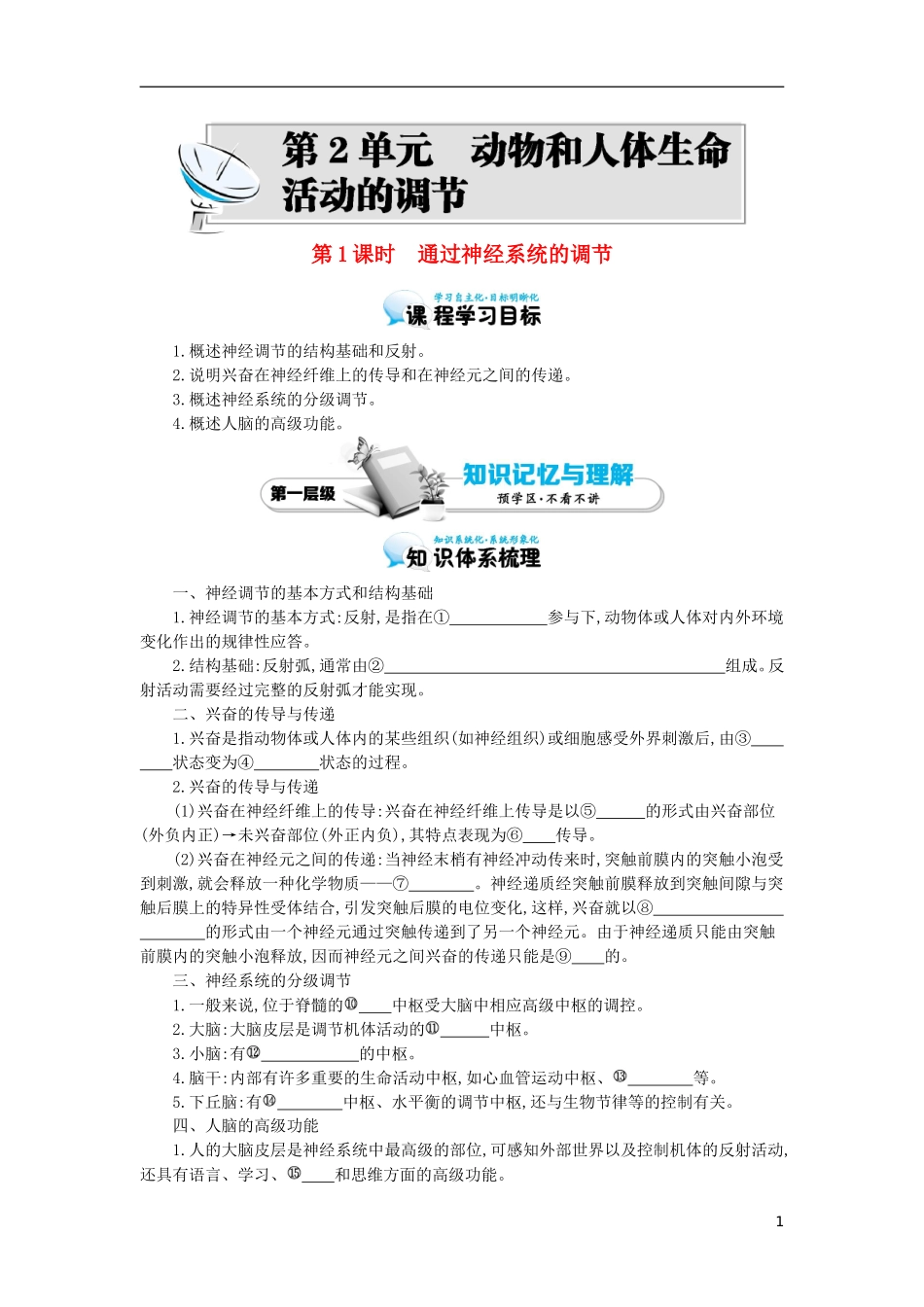 高中生物 2.1通过神经系统的调节导学案 新人教版必修3-新人教版高二必修3生物学案_第1页
