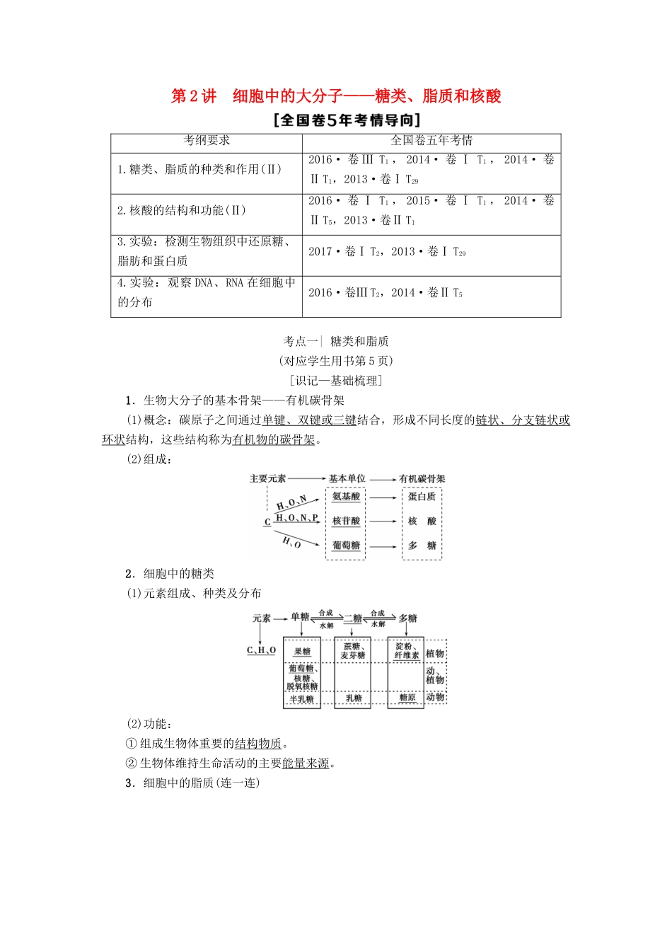 高考生物一轮复习 第1单元 细胞的化学组成 第2讲 细胞中的大分子——糖类、脂质和核酸学案 苏教版-苏教版高三全册生物学案_第1页