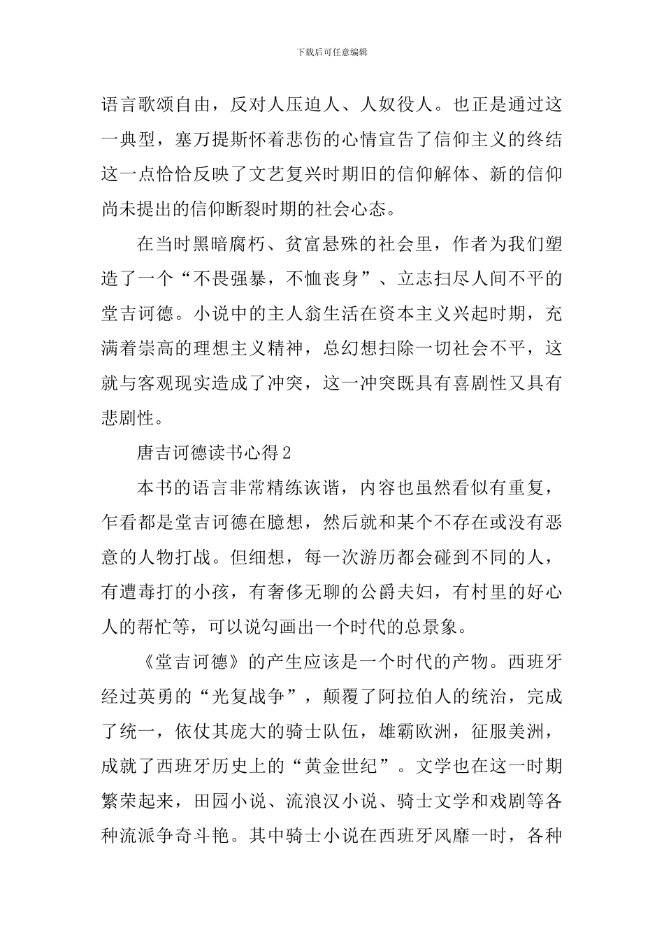 个人唐吉诃德读书心得2024年_第2页