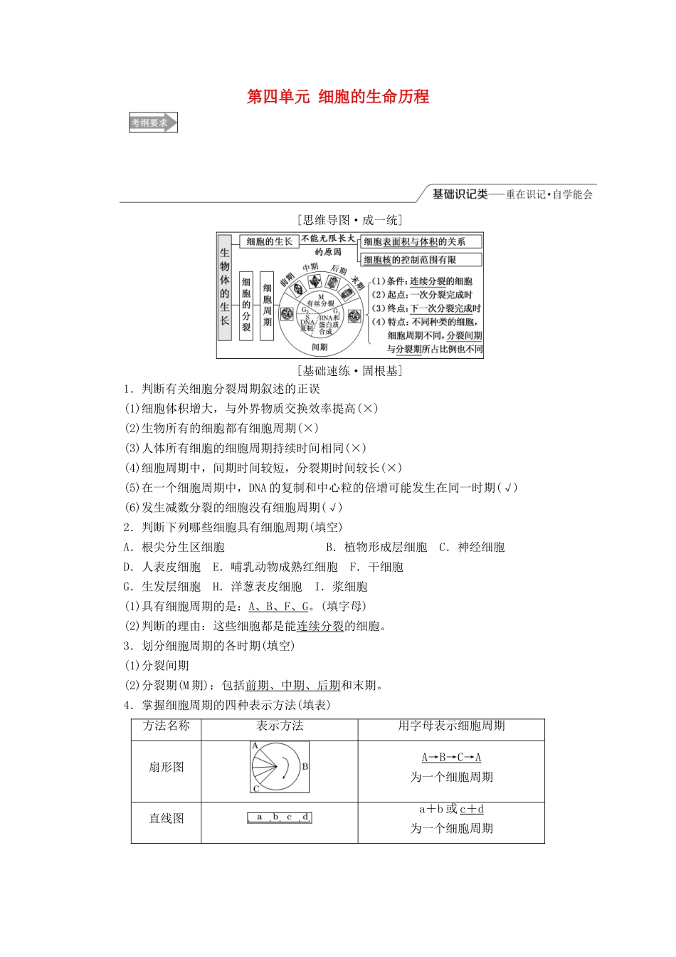 （全国通用版）高考生物一轮复习 第1部分 分子与细胞 第四单元 细胞的生命历程精准备课学案-人教版高三全册生物学案_第1页