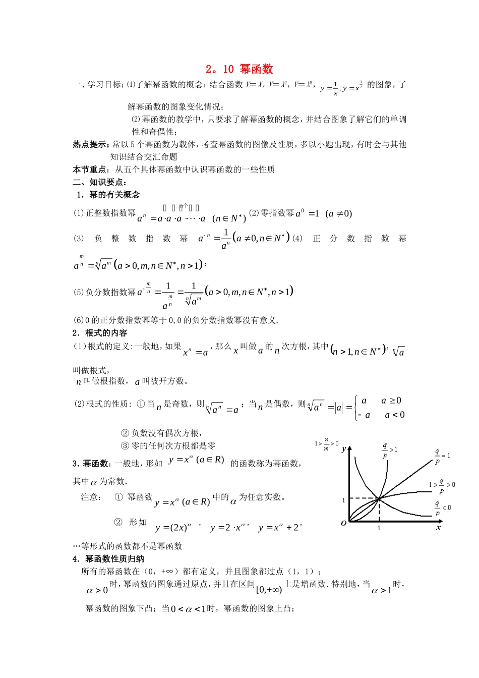 高三数学第二章函数+导数高考一轮复习教案2.10幂函数_第1页