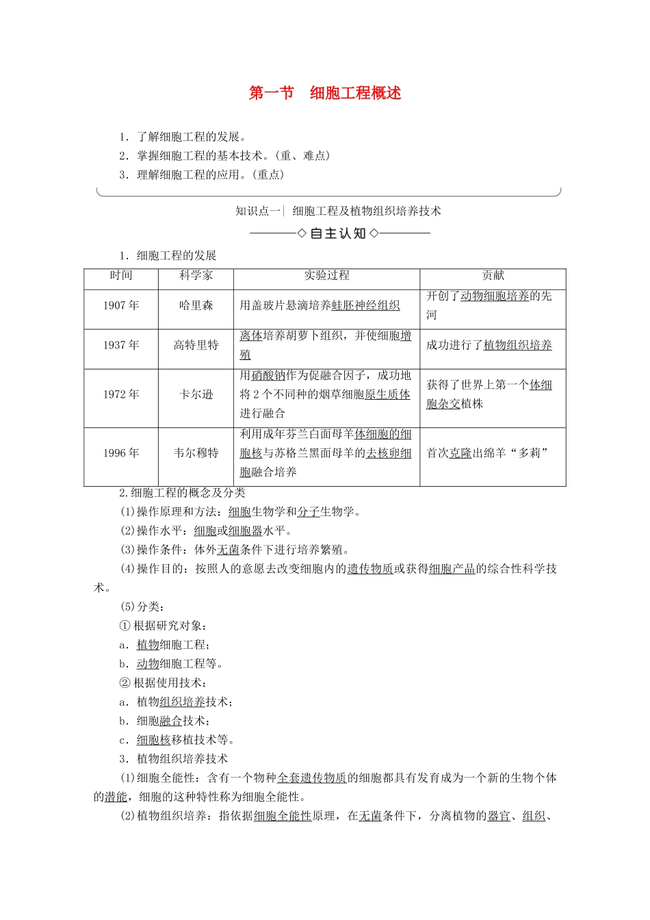 高中生物 第2章 细胞工程 第1节 细胞工程概述学案 苏教版选修3-苏教版高中选修3生物学案_第1页