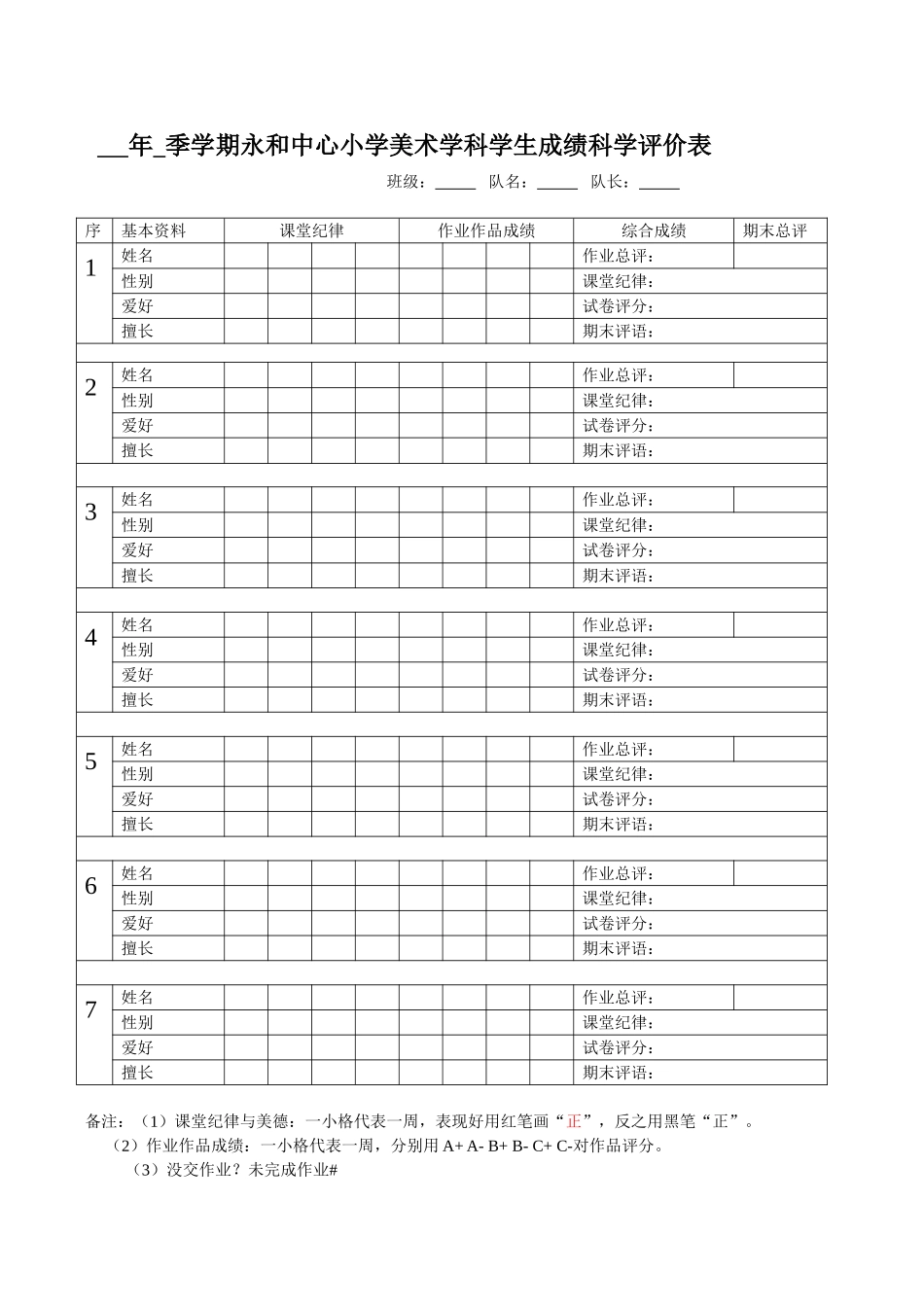 美术学科学生成绩评价表模板_第1页