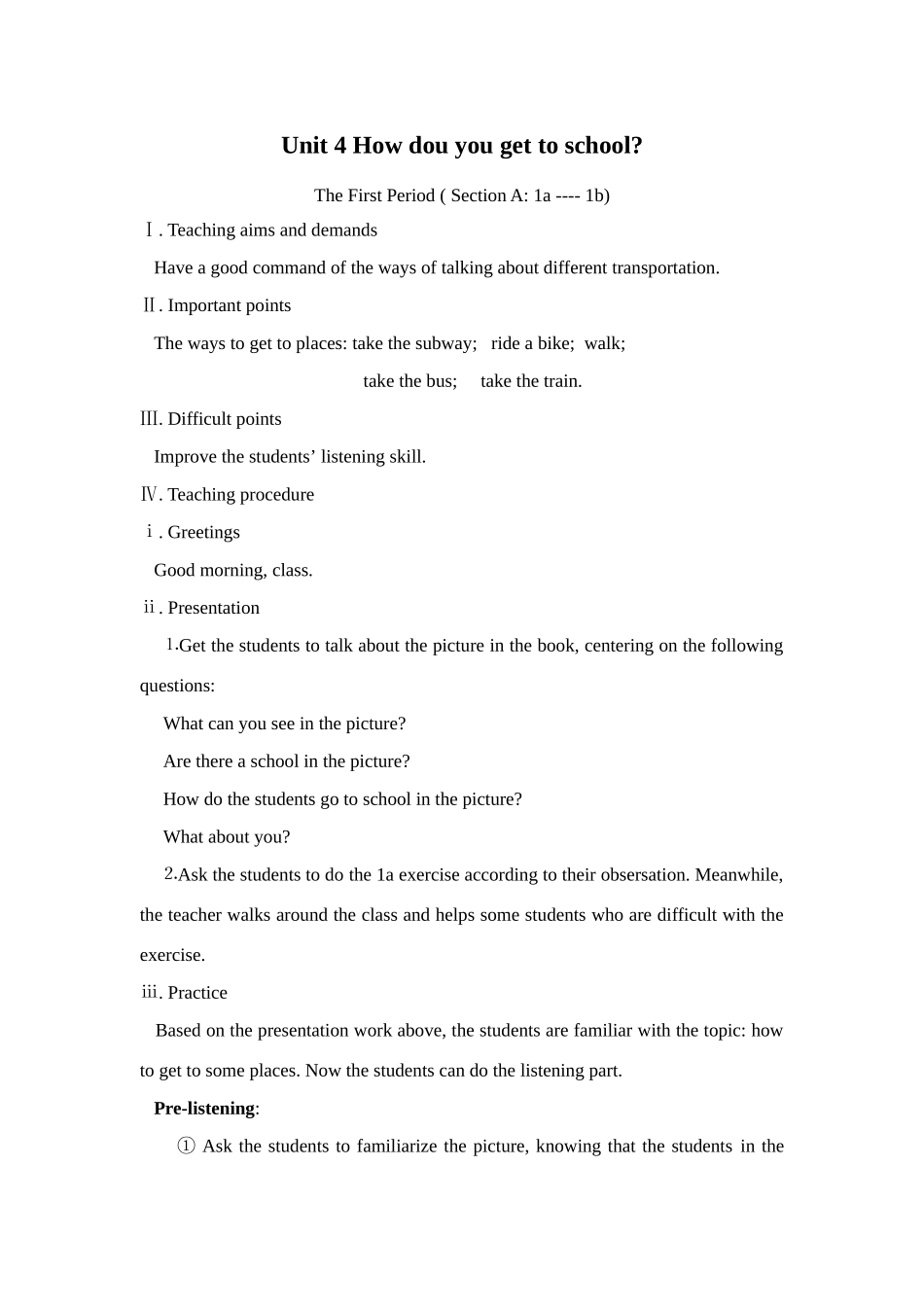 Unit 4 How do you get to school教案_第1页