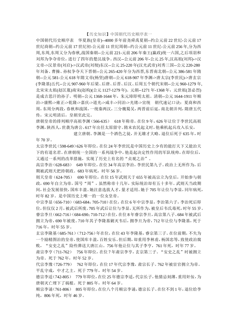 北京市西城区高中历史协作组【历史知识】中国朝代历史顺序表一_第1页