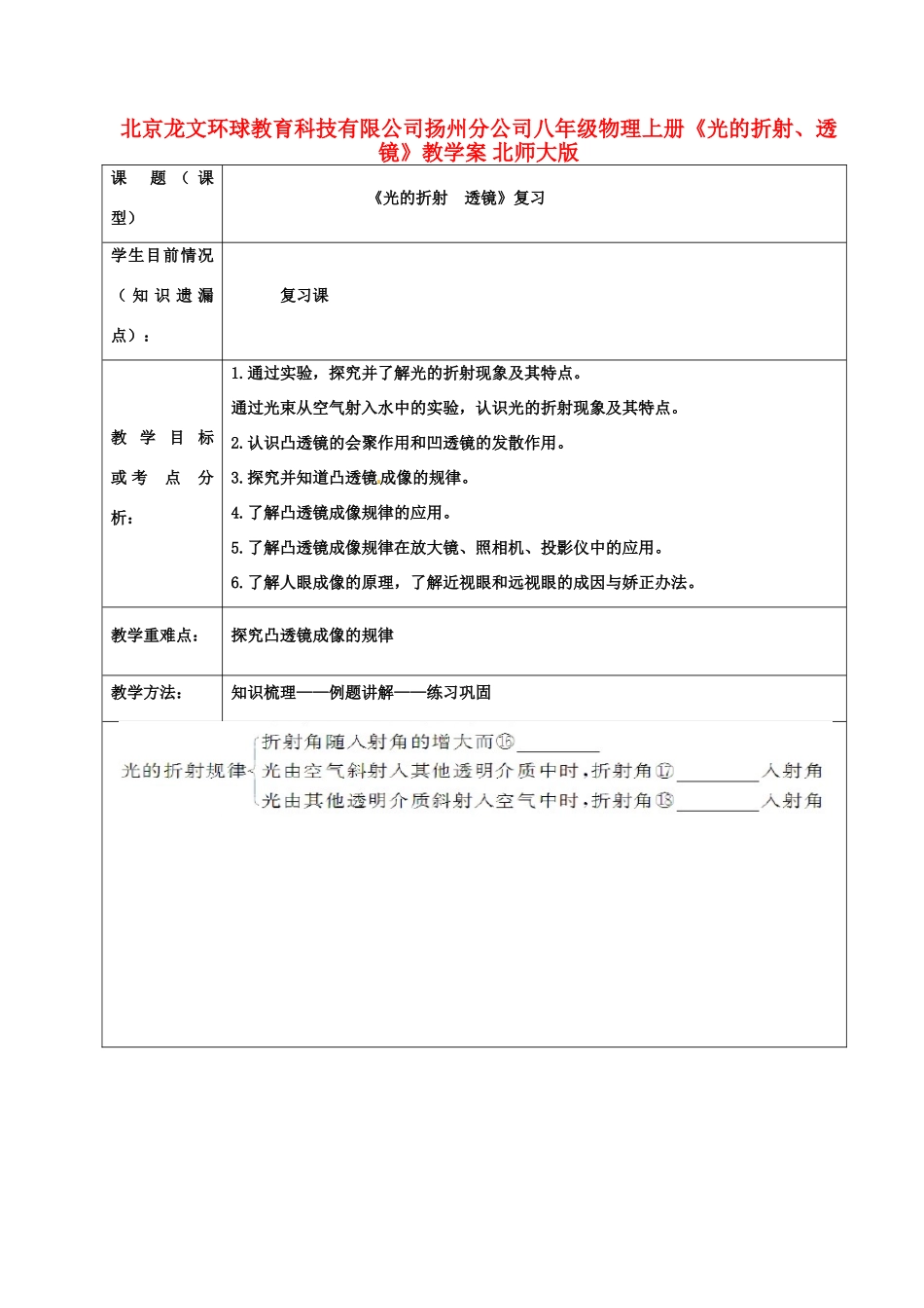 北京龙文环球教育科技有限公司扬州分公司八年级物理上册《光的折射、透镜》教学案 北师大版_第1页