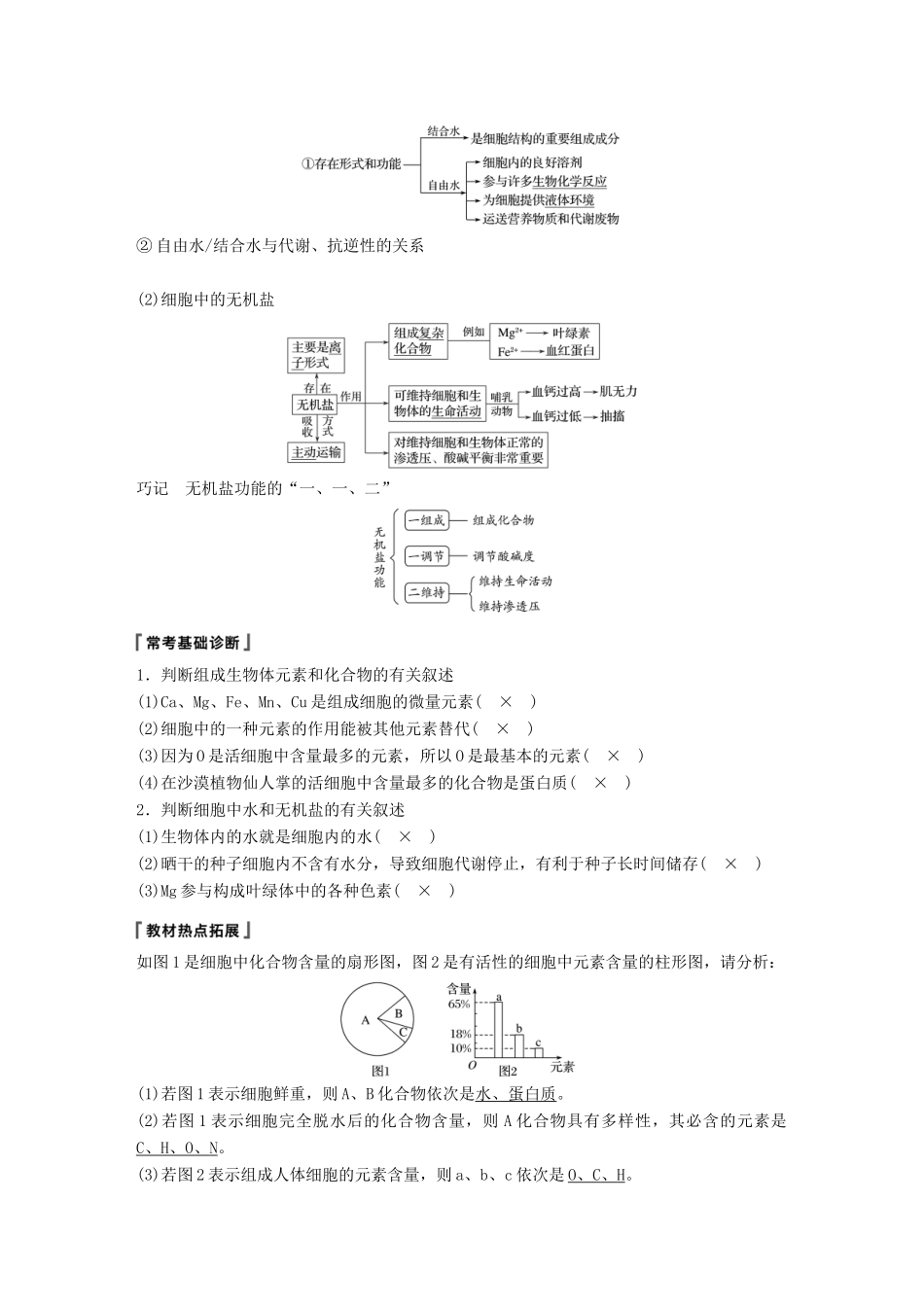 （江苏通用）高考生物大一轮复习 第一单元 细胞的概述及其分子组成 第2讲 细胞中的无机物、糖类和脂质学案-人教版高三全册生物学案_第2页