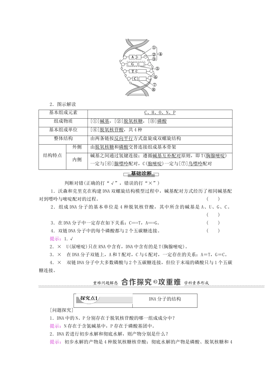 高中生物 第3章 基因的本质 第2节 DNA分子的结构学案 新人教版必修2-新人教版高中必修2生物学案_第2页