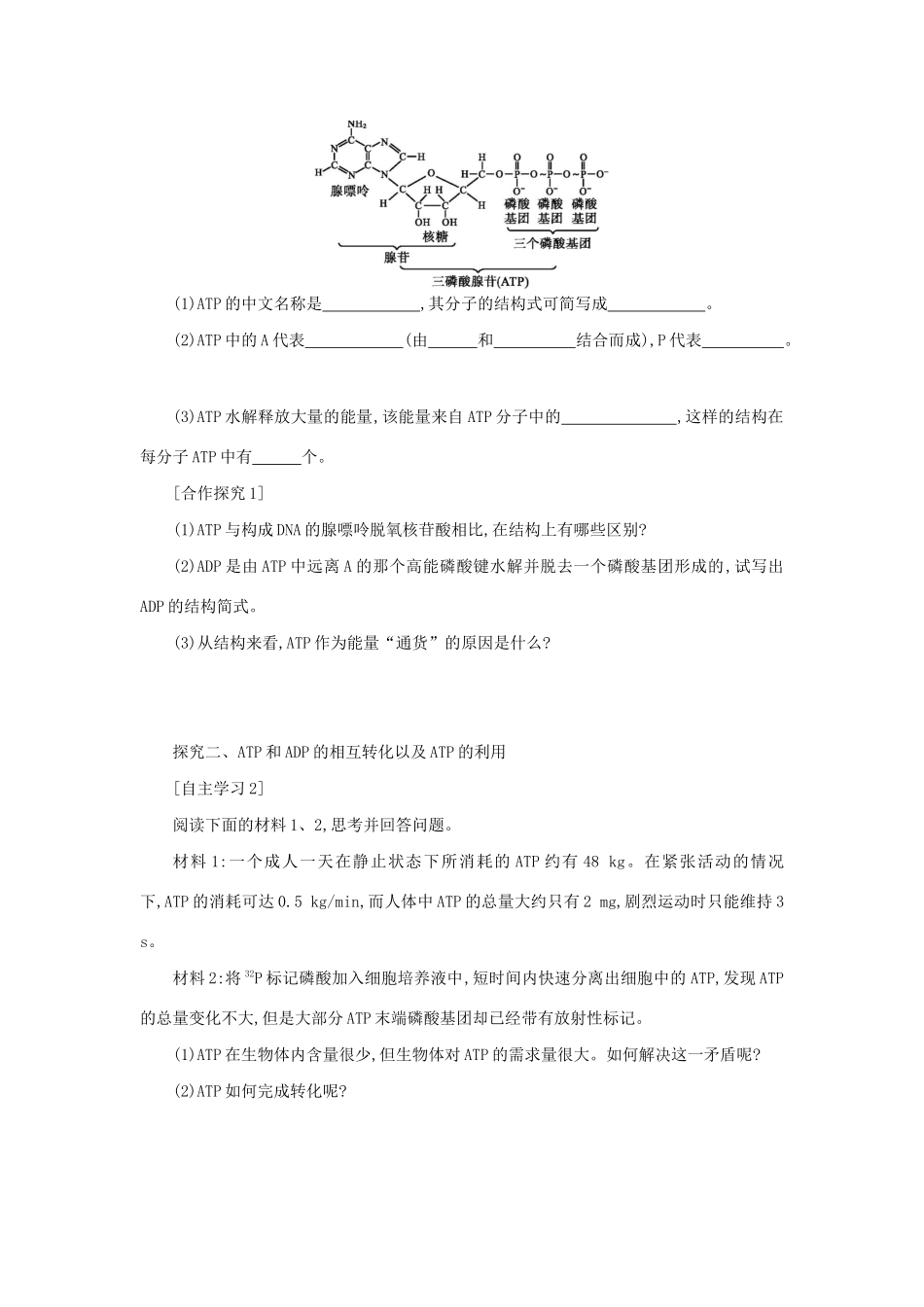 高中生物 5.2 细胞的能量“通货”——ATP学案（含解析）新人教版必修1-新人教版高中必修1生物学案_第2页