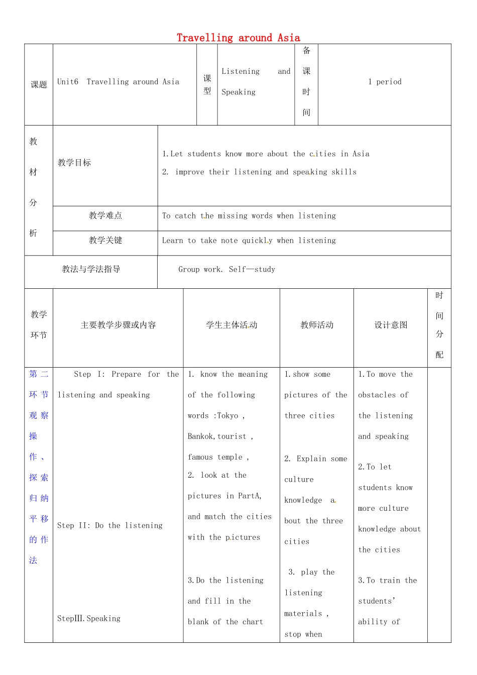 七年级英语上册 Unit 6 Travelling around Asia教案4 （新版）牛津深圳版-牛津深圳版初中七年级上册英语教案_第1页