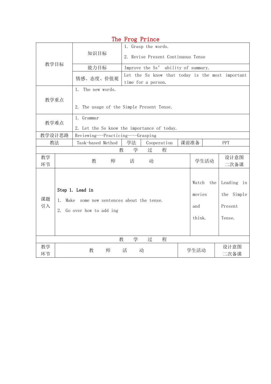 九年级英语上册 Unit 2 The Frog Prince Structure教案 教科版五四制-教科版初中九年级上册英语教案_第1页