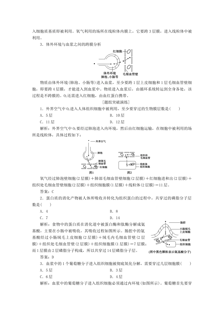 高考生物一轮复习 第二单元 细胞的基本结构和物质运输 微讲座 物质跨膜运输跨膜层数分析学案 新人教版-新人教版高三全册生物学案_第2页