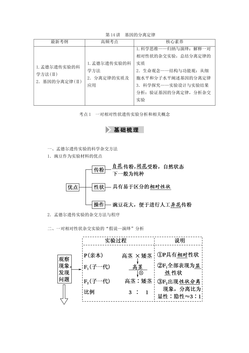 高考生物一轮复习 第五单元 遗传的基本规律与伴性遗传 第14讲 基因的分离定律学案 新人教版-新人教版高三全册生物学案_第1页