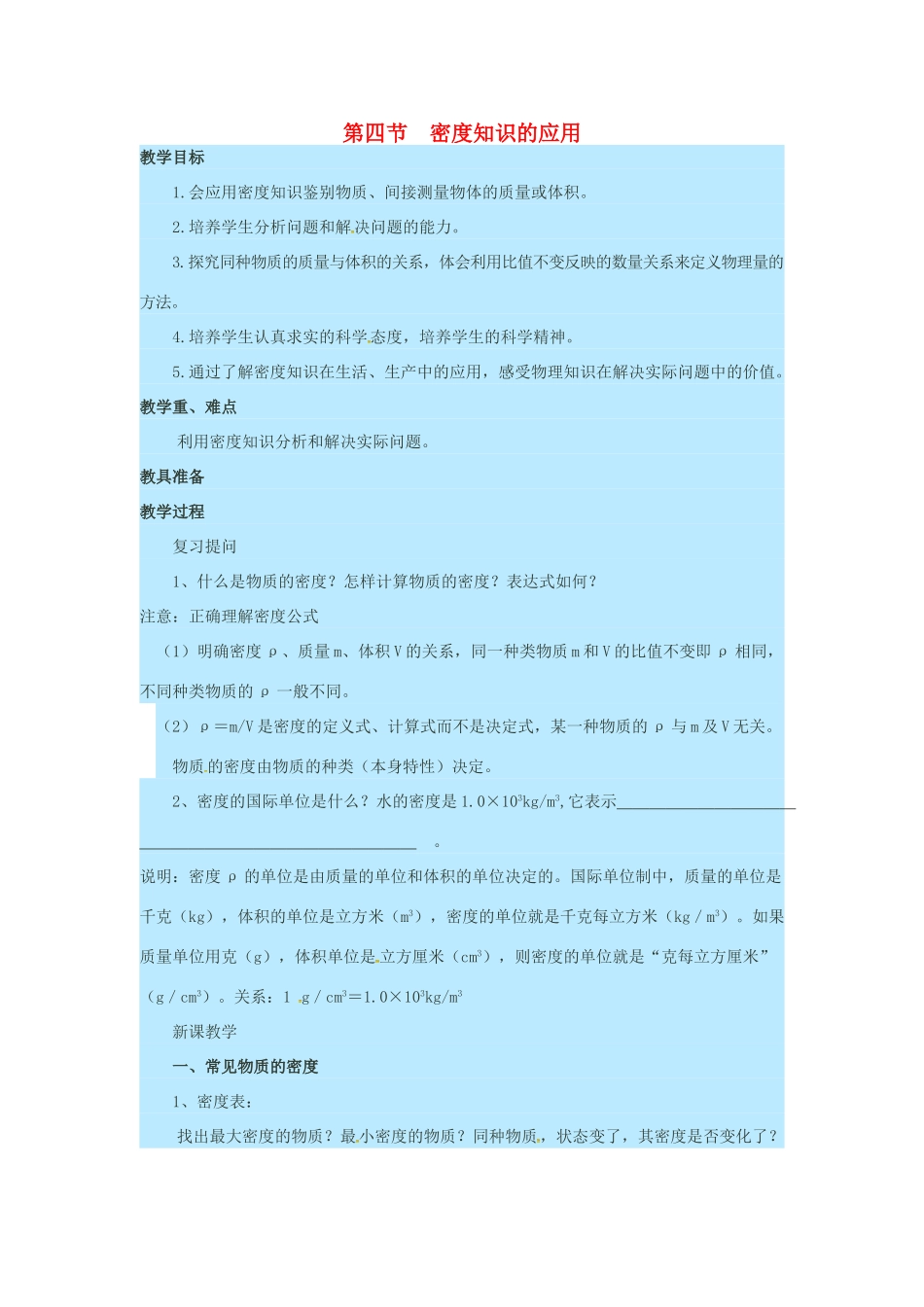 八年级物理全册 第5章 质量与密度 第4节 密度知识的应用教案 （新版）沪科版-（新版）沪科版初中八年级全册物理教案_第1页