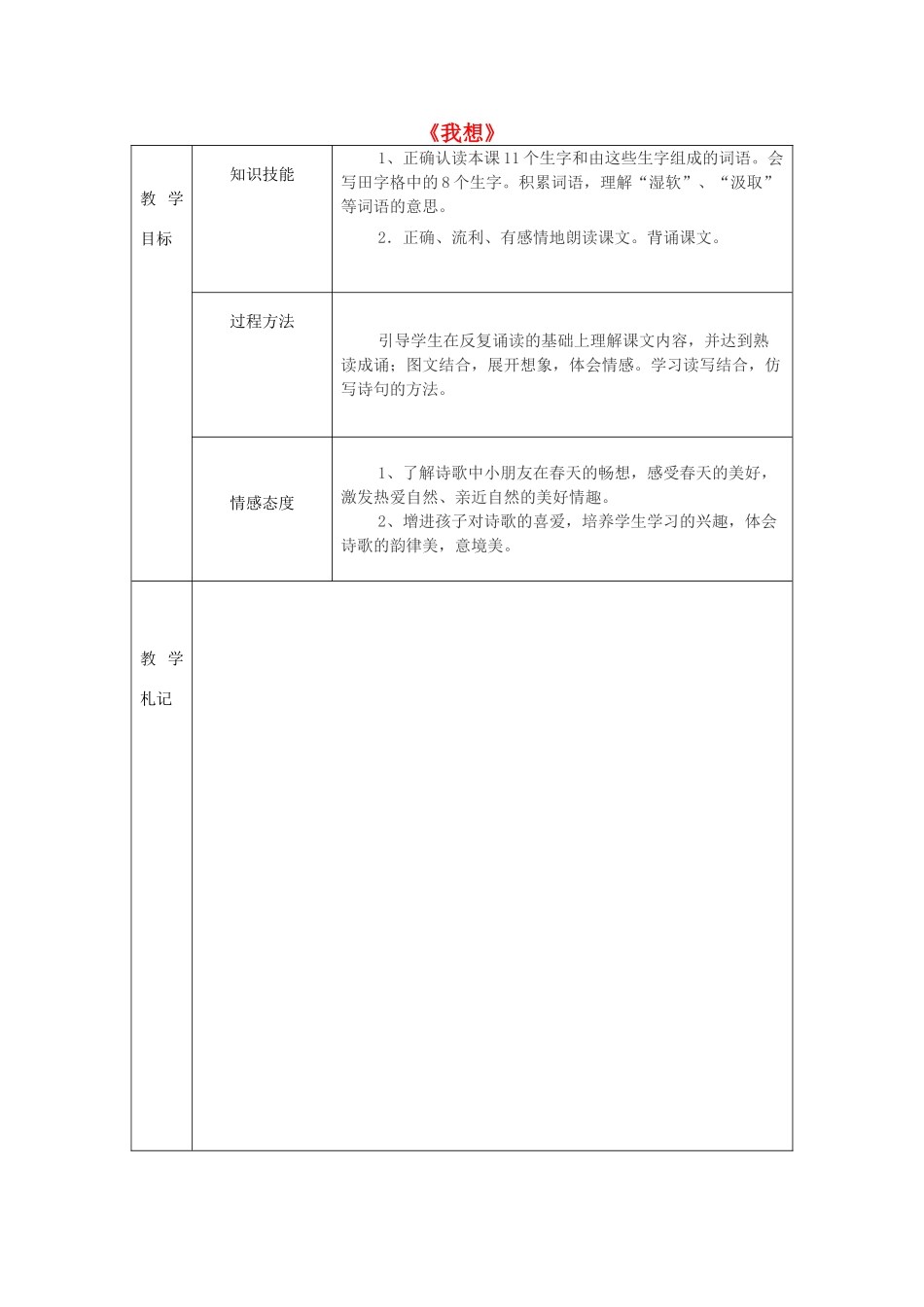 春二年级语文下册《我想》教案 冀教版-冀教版小学二年级下册语文教案_第1页