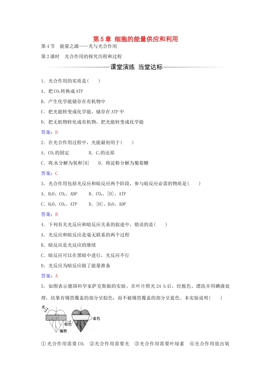 高中生物 第5章 第4节 光合作用的探究历程和过程（第2课时）练习 新人教版必修1-新人教版高一必修1生物学案_第1页
