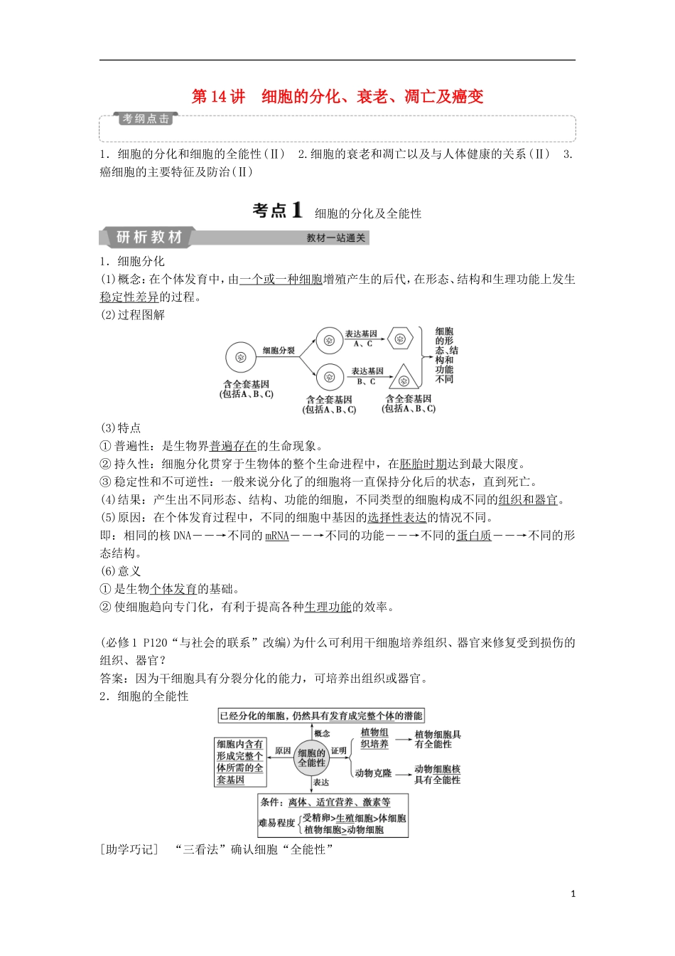 高考生物一轮复习 第四单元 细胞的生命历程 第14讲 细胞的分化、衰老、凋亡及癌变学案-人教版高三全册生物学案_第1页