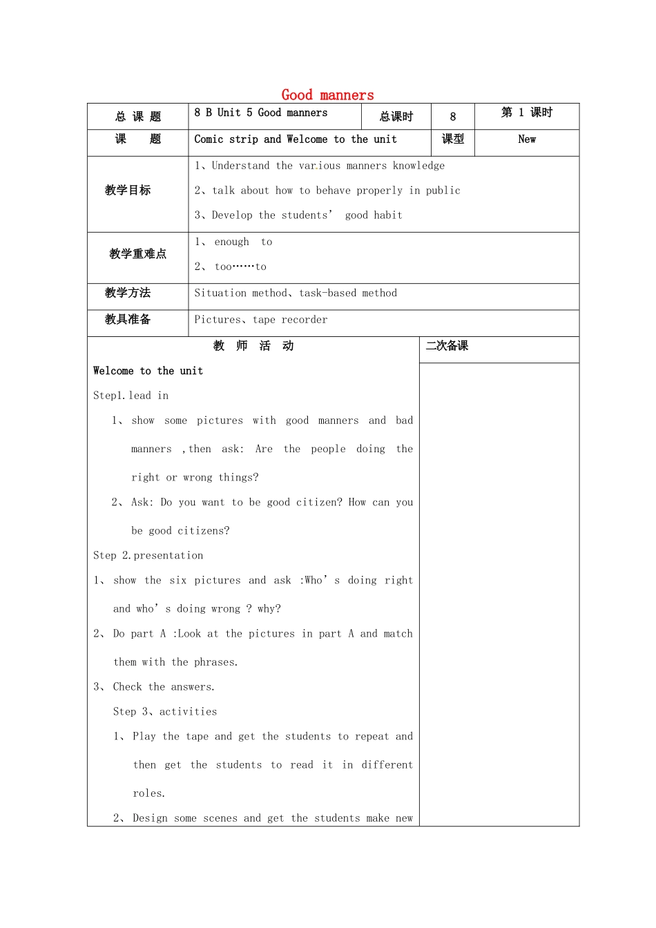 八年级英语下册 Unit 5 Good manners教案 （新版）牛津版-（新版）牛津版初中八年级下册英语教案_第1页