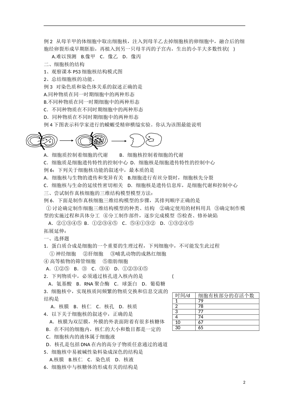 高中生物 第3章　细胞的基本结构第3节细胞核——系统的控制中心》参考学案 新人教版必修1_第2页