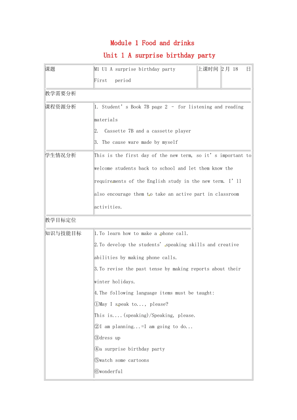 七年级英语下册 Module 1 Unit 1 A surprise birthday party Period 1教案 上海牛津版_第1页