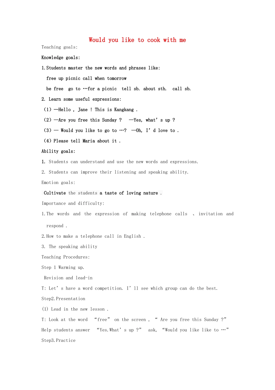 七年级英语上册 Unit 4 Topic 2 Would you like to cook with us Section A公开课教案 （新版）仁爱版-（新版）仁爱版初中七年级上册英语教案_第1页