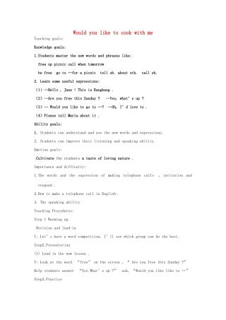 七年级英语上册 Unit 4 Topic 2 Would you like to cook with us Section A公开课教案 （新版）仁爱版-（新版）仁爱版初中七年级上册英语教案