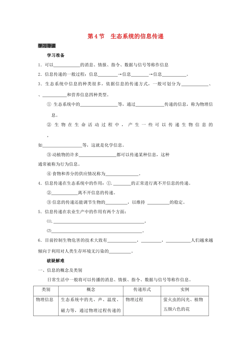 高中生物 第5章 生态系统及其稳定性能力 专题5.4 生态系统的能量流动生态系统的信息传递导学案 新人教版必修3-新人教版高一必修3生物学案_第1页