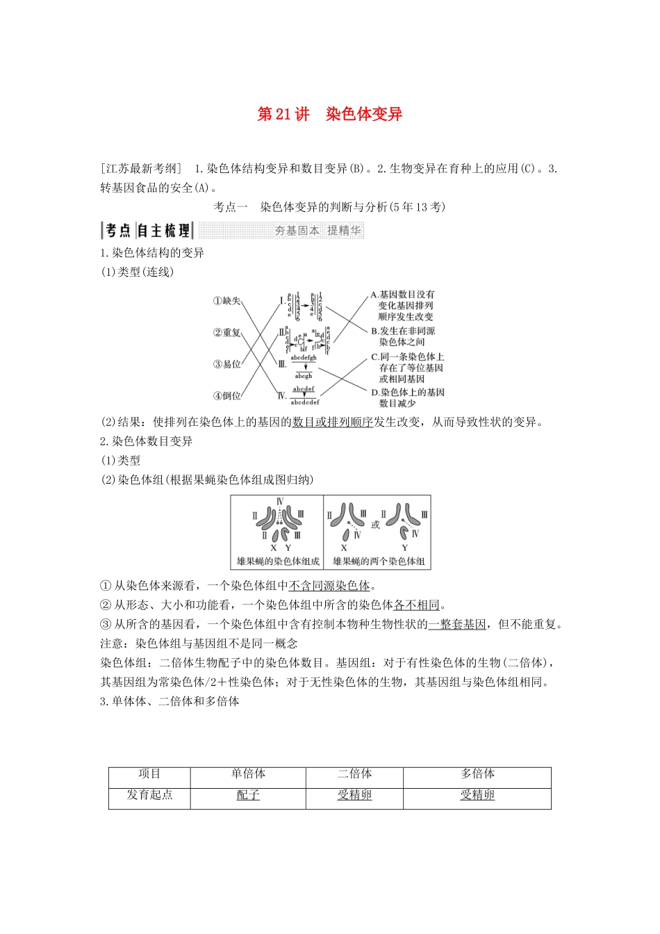 （江苏专用）高考生物大一轮复习 第7单元 生物的变异、育种与进化 第21讲 染色体变异学案-人教版高三全册生物学案_第1页
