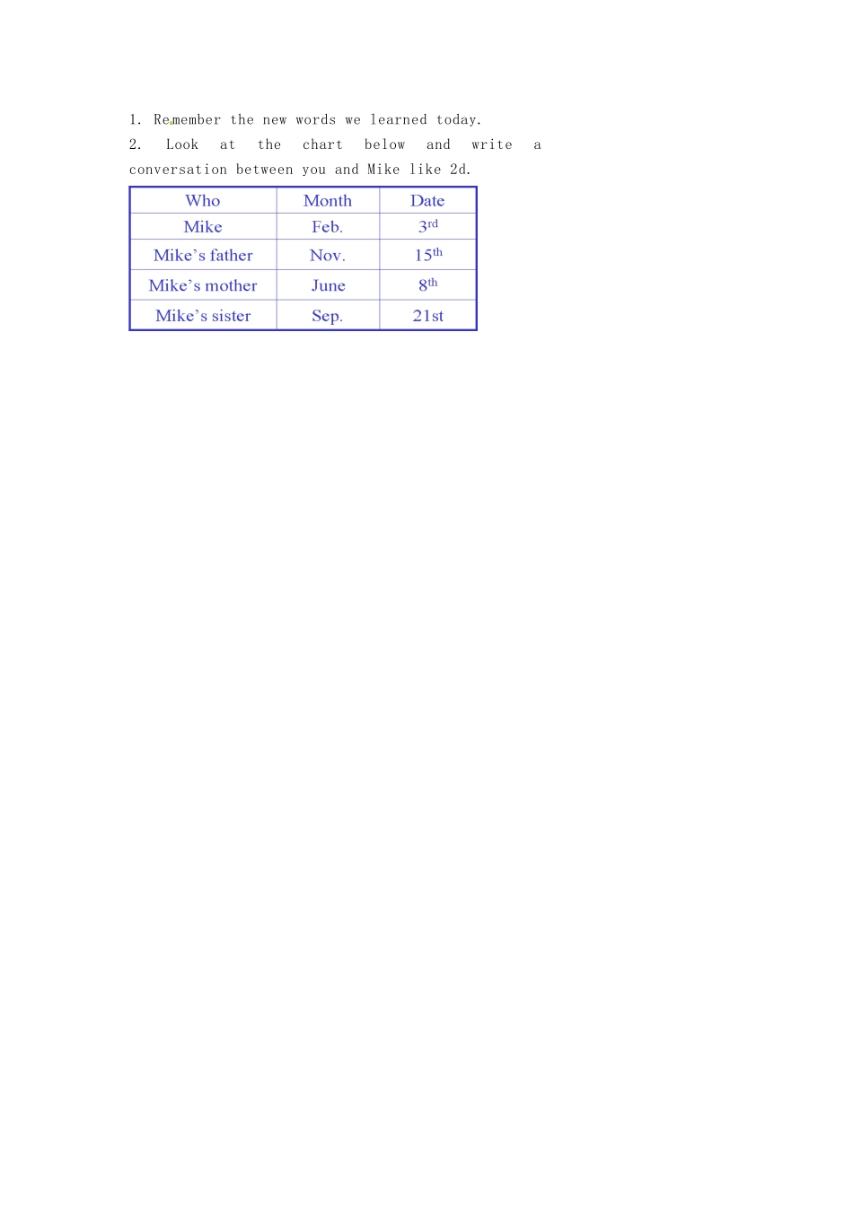 七年级英语上册 Unit 8 When is your birthday period 1 Section A 1a–2d教案 （新版）人教新目标版_第3页