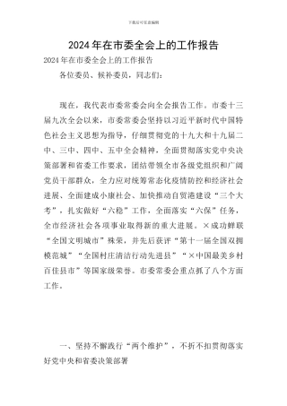 2024年在市委全会上的工作报告