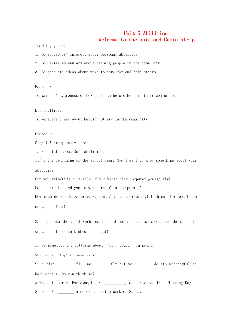七年级英语下册 Unit 5 Abilities Welcome to the unit and Comic strip教案 牛津版_第1页